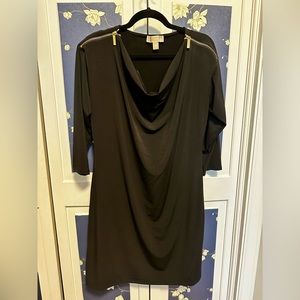 MICHAEL Michael Kors black drape neck dress with gold zipper details. Size M